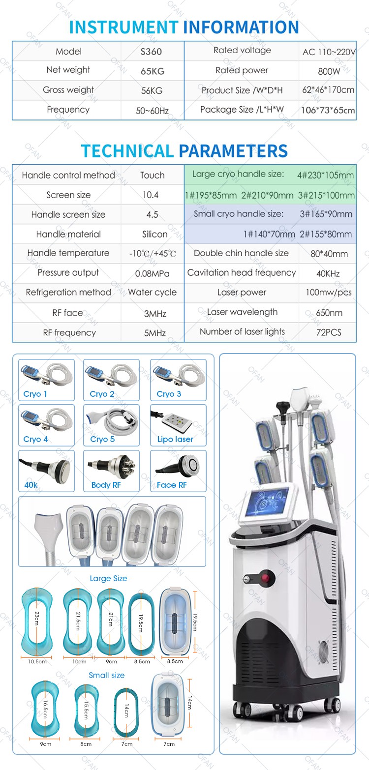 OFAN Cold Body Crioterapia Adelgazante Criolipólisis 5 Manos Cool Tech Esculpir Forma Grasa Equipo de congelación Máquina de criolipólisis